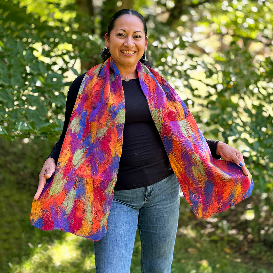 Fair trade felted silk scarf reds oranges blues bright.