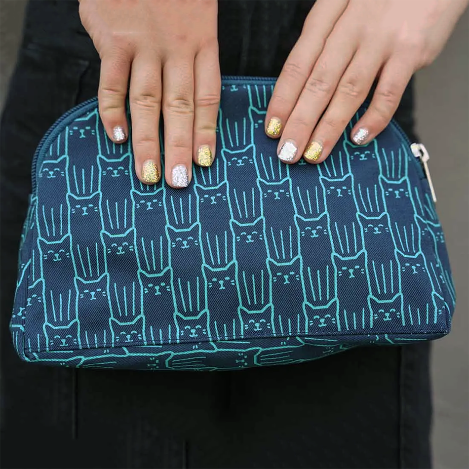 Fair trade recycled cotton cosmetic bag with screen printed cat design in blue.
