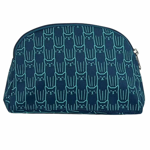 Fair trade recycled cotton cosmetic bag with screen printed cat design in blue.