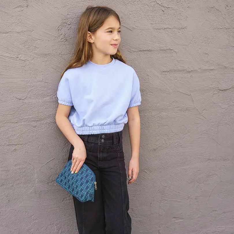 Fair trade recycled cotton cosmetic bag with screen printed cat design in blue.