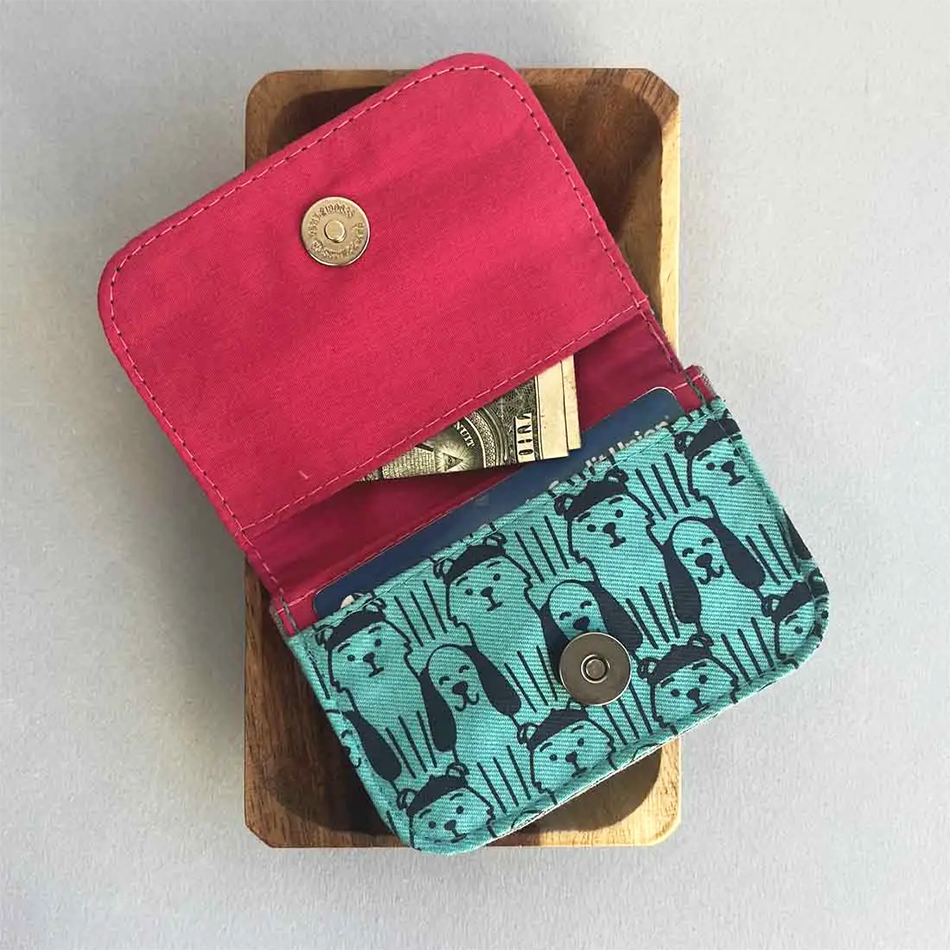 Fair trade recycled cotton small wallet card holder with dog design.