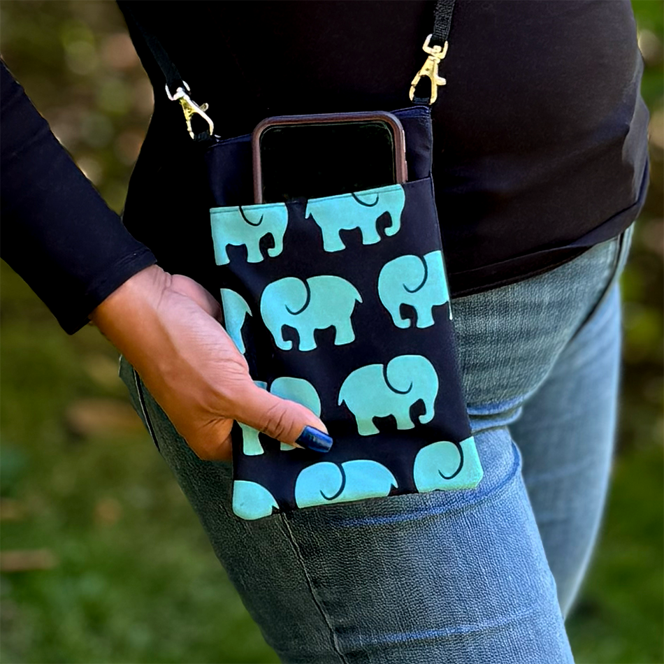 Fair trade cotton cell phone bag elephants handmade by survivors of human trafficking.