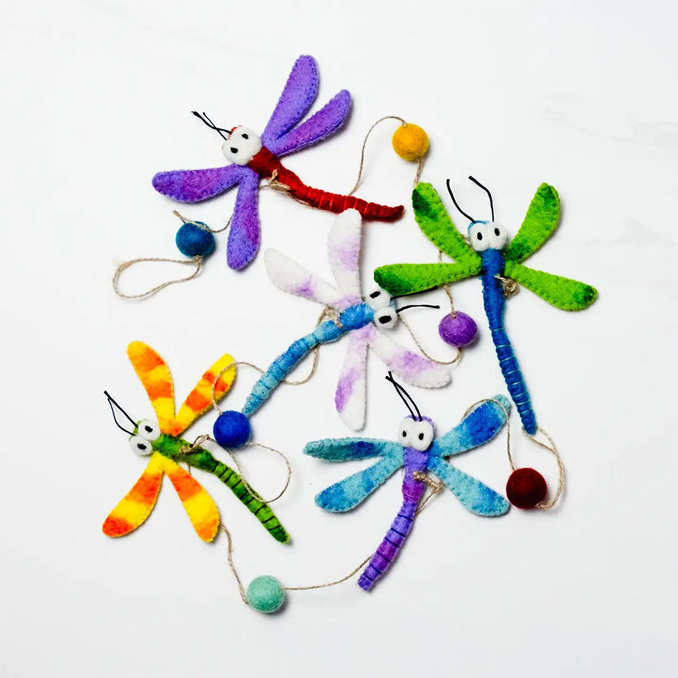 Fair trade felt multi-colored dragonfly garland.