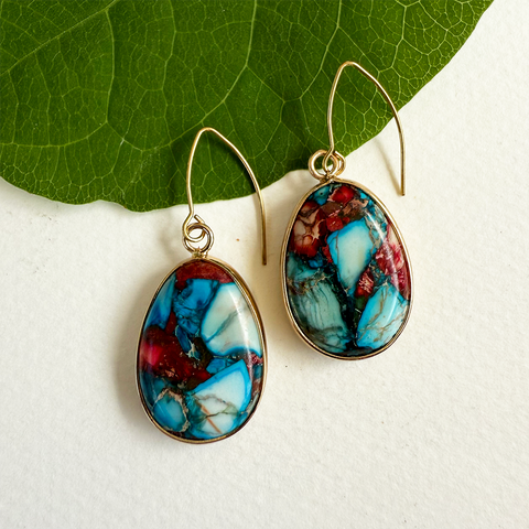 Fair trade earrings handmade out of multi-colored jasper stone with blue and red.