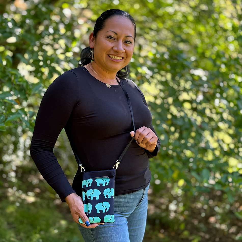 Fair trade cotton cell phone bag elephants handmade by survivors of human trafficking.