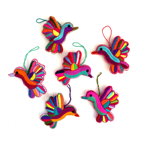 Fair trade colorful embroidered hummingbird ornament.