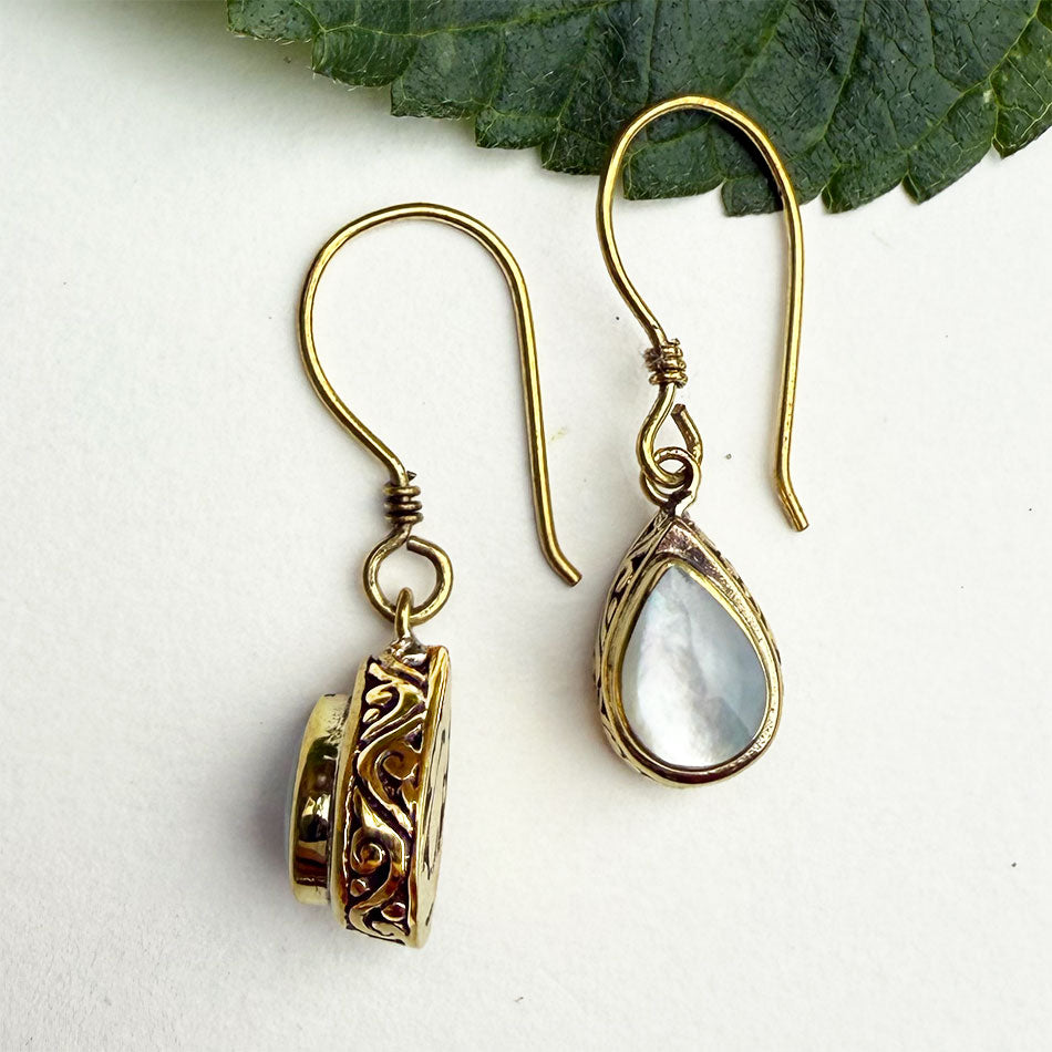 Fair trade pearl brass filigree teardrop earrings