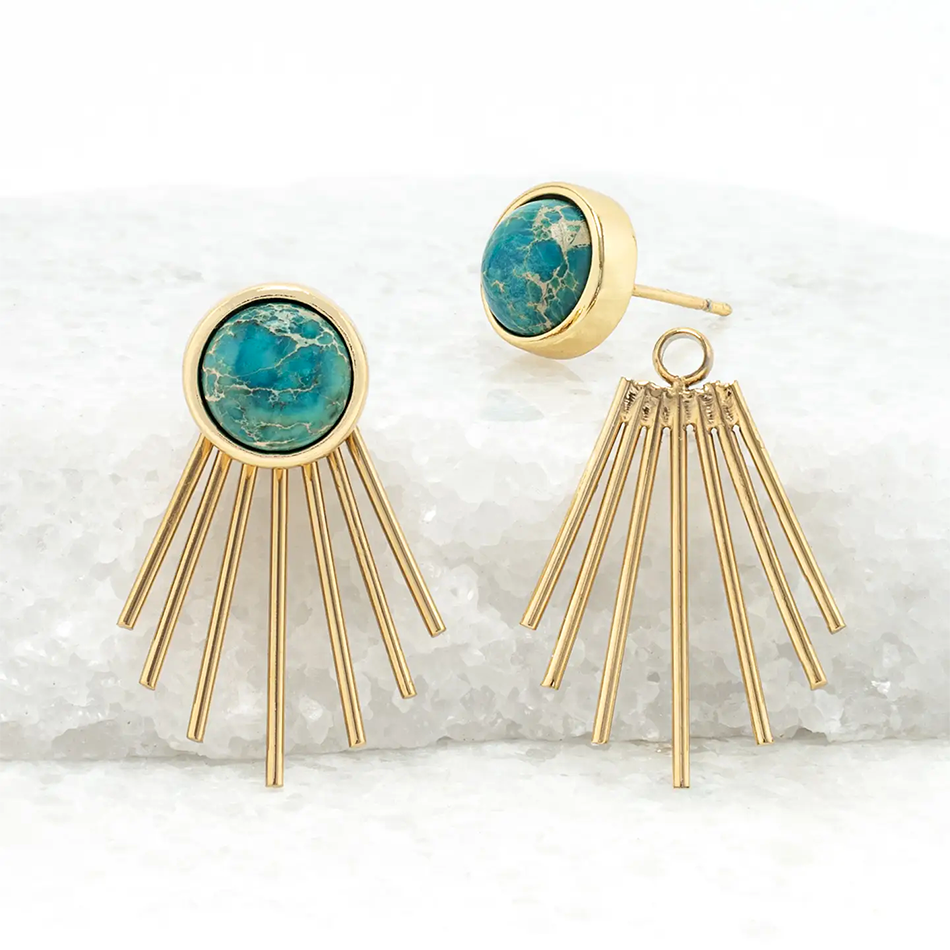 Turquoise emperor stone ear jackets with gold spikes.