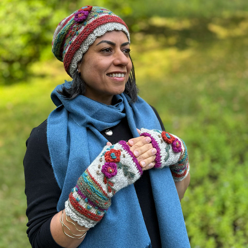 Fair trade wool hat and mittens knitted by women in Nepal.