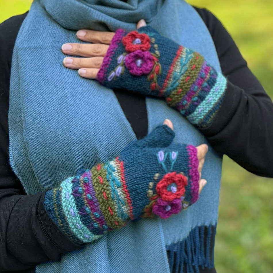 Fair trade handmade knit wool fingerless gloves