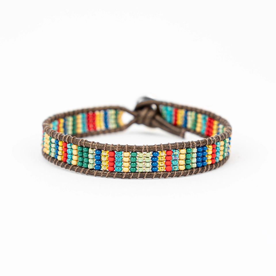 Colorful striped bead bracelet on leather