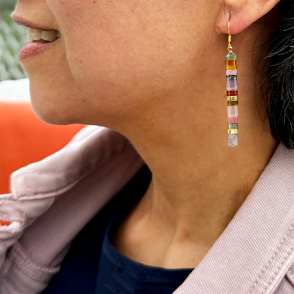 Pink, purple, brass stone beaded earrings