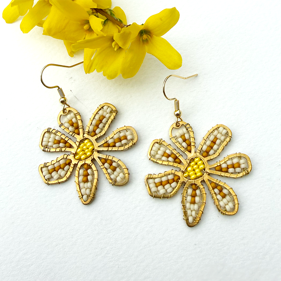 Large beaded and brass flower earrings yellow, brown and off white.