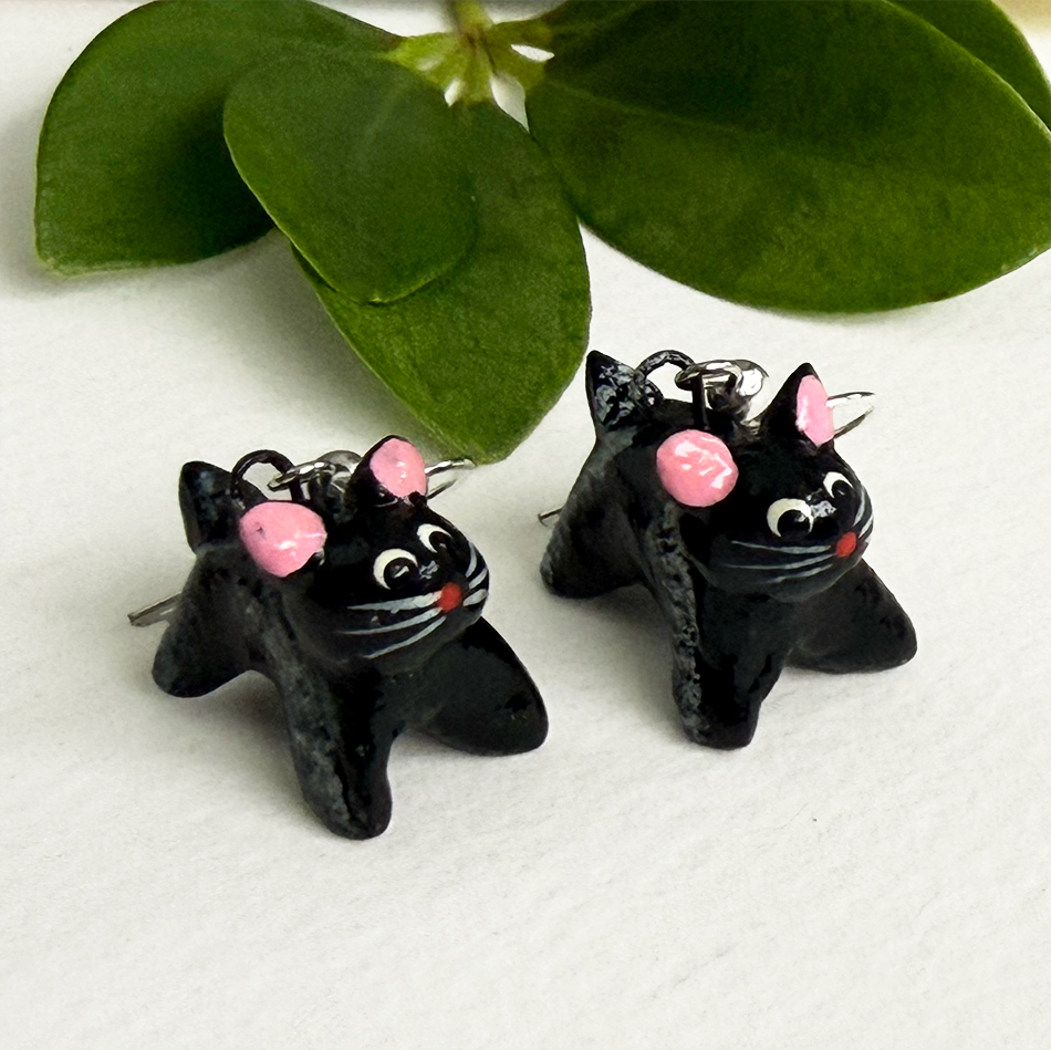 Black cat ceramic earrings with pink ears