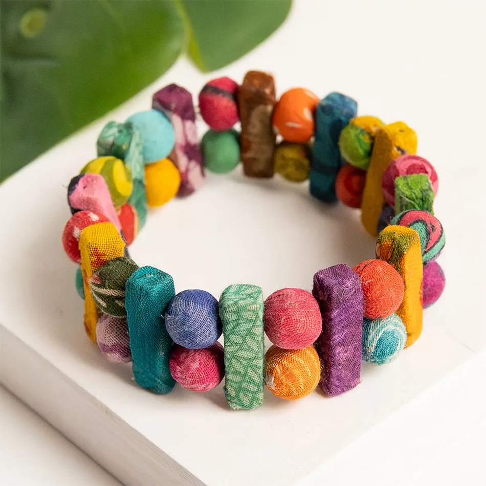 Colorful recycled sari statement bracelet.
