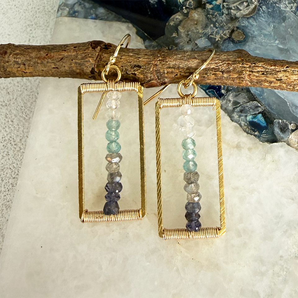 Brass pillar shaped earrings with colorful stones
