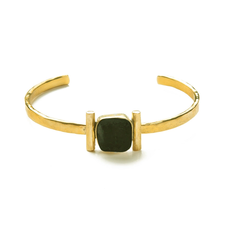 Brass cuff bracelet with black square bone in center