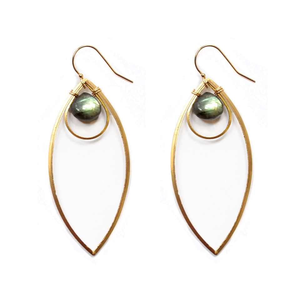 Oval shaped large brass earrings with labradorite stone