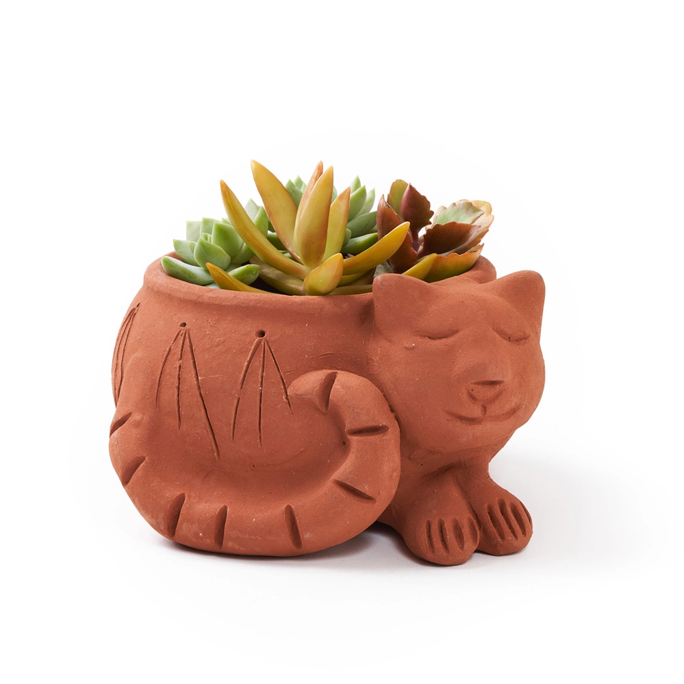 Terracotta small planter with cat design