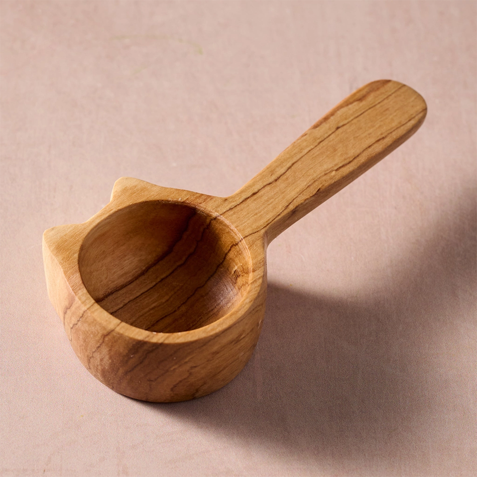 Olive wood coffee scoop with cat design