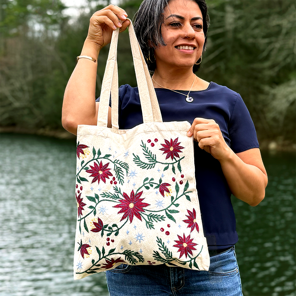 Cotton canvas tote bag with pink flowers embroidered on the front.