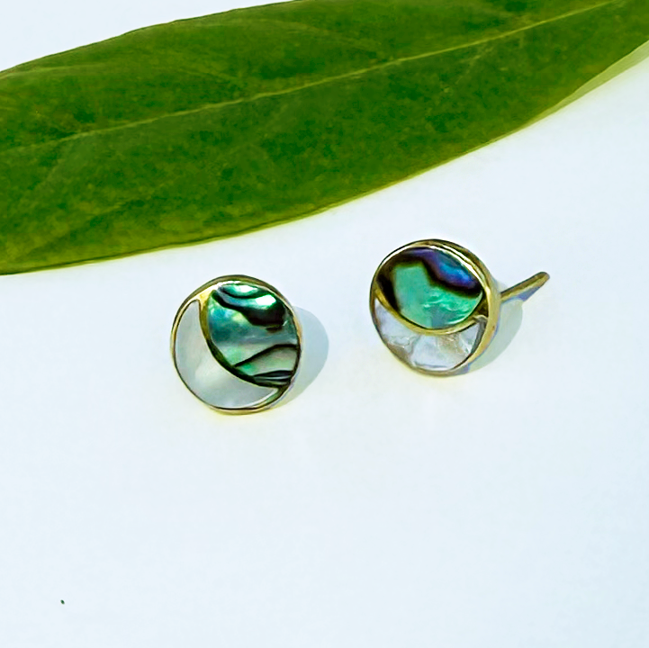 Brass studs crescent moon with abalone and pearl