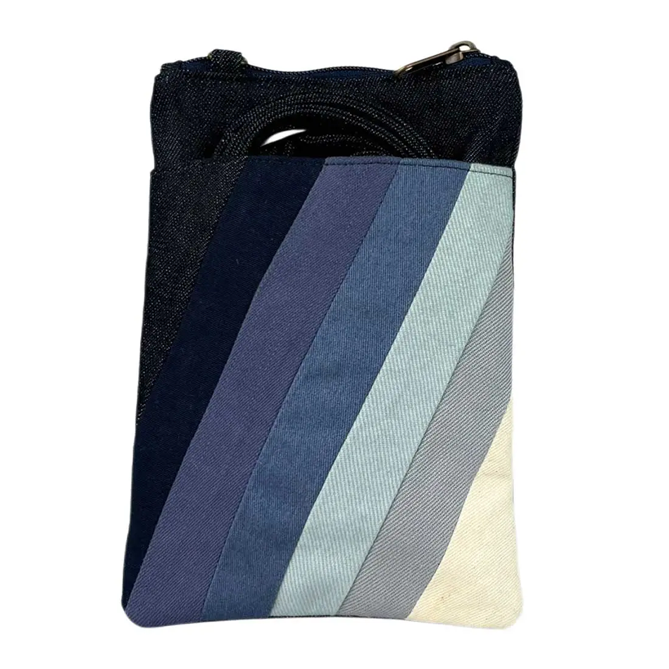 Recycled cotton denim stripe cell phone crossbody bag.