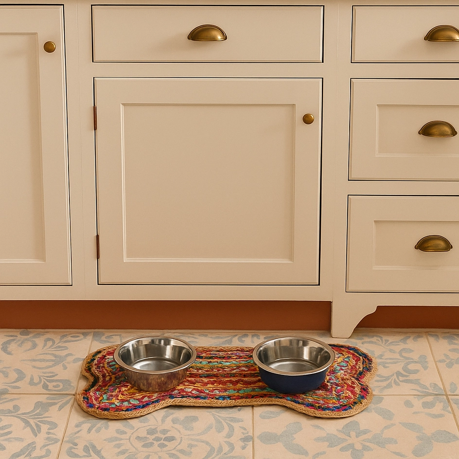 Handwoven recycled rug for dog feeding in bone shape and multicolored.