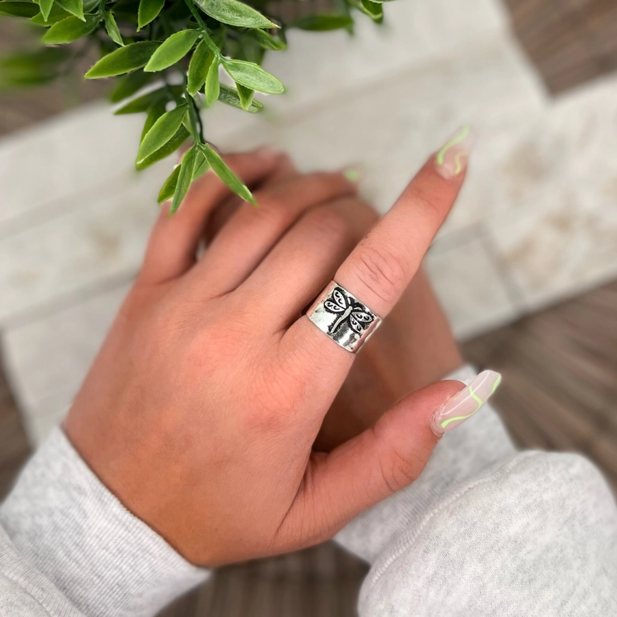 Silver-plated wide adjustable dragonfly ring