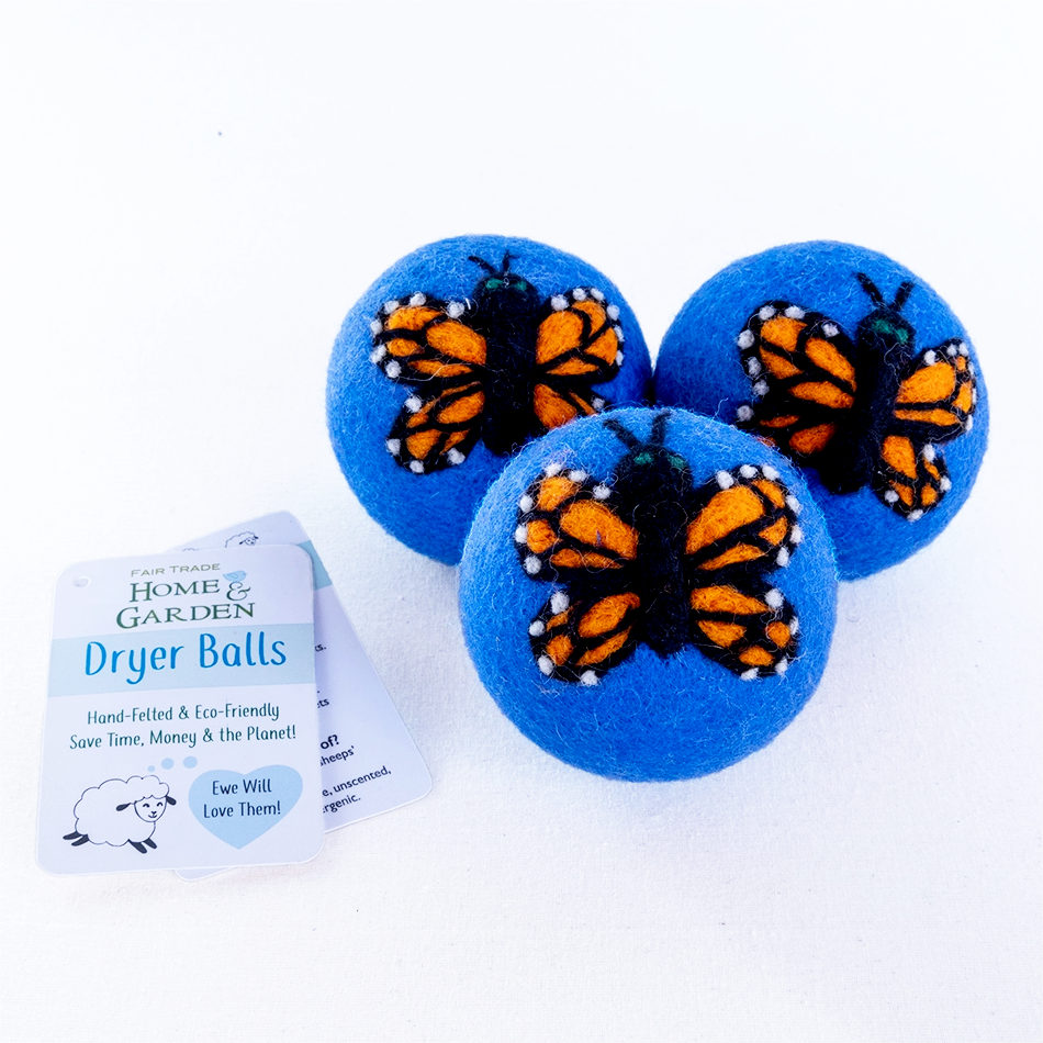Felt dryer balls blue with butterfly design