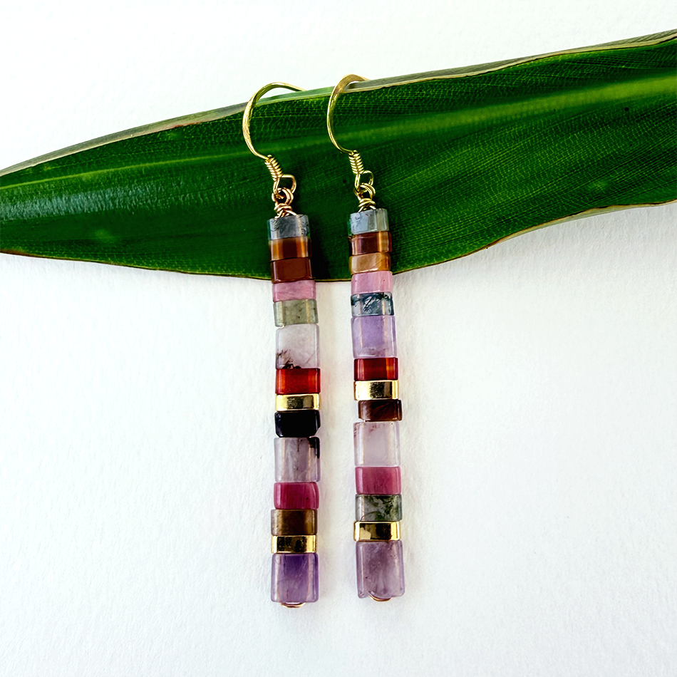 Pink, purple, brass stone beaded earrings