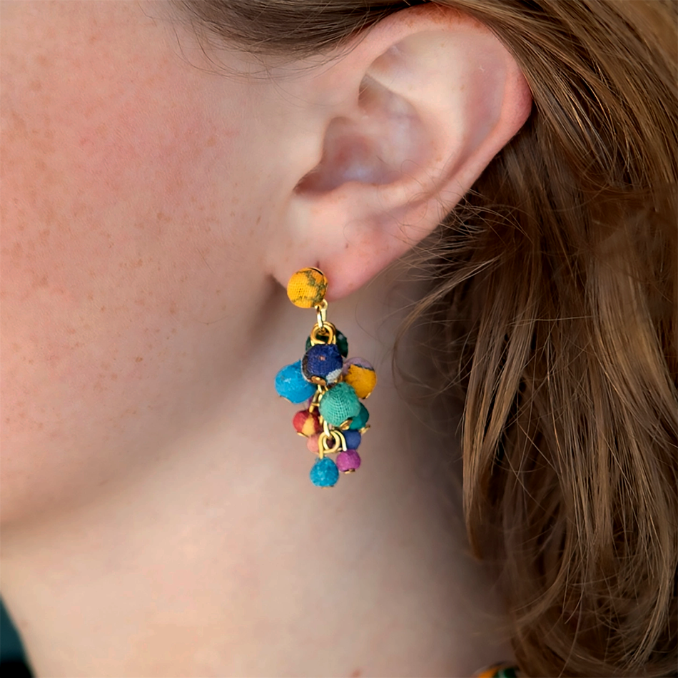 Post-style earrings with a cluster of colorful fabric beads.