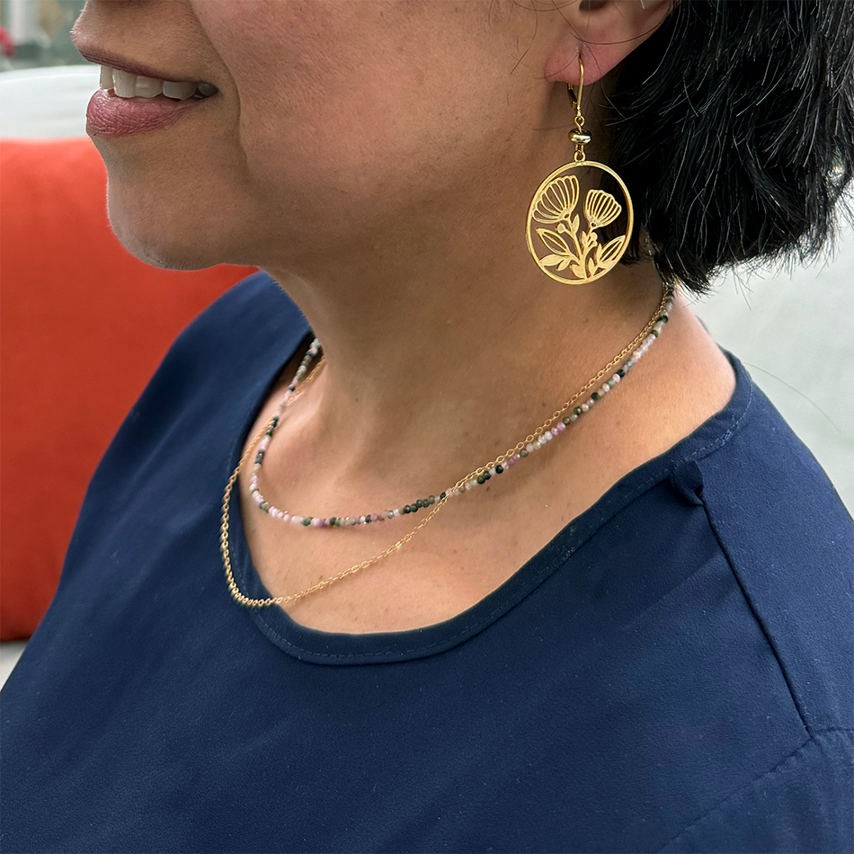 Gold-plated round cutout flower design dangle earrings.