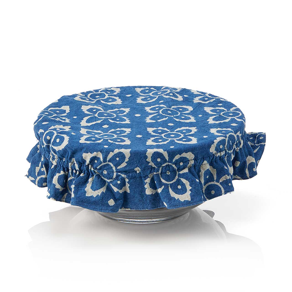 Cotton blue and white indigo bowl covers floral and dragonfly designs.