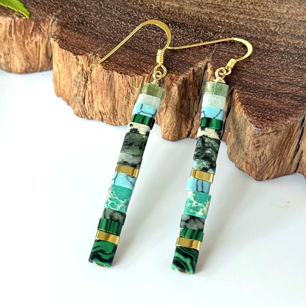 Blue, green and gold beaded earrings, long bar shape.