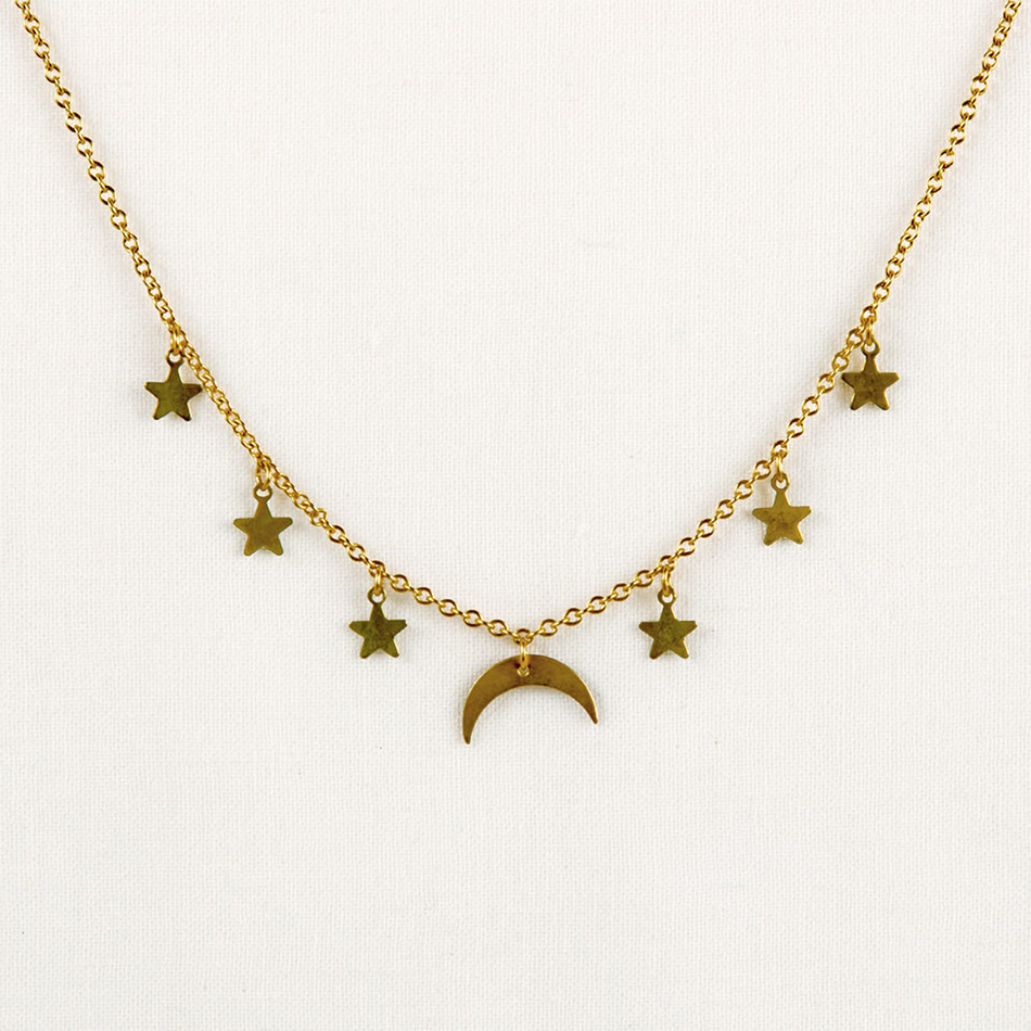 Brass chain necklace with moon and stars charms