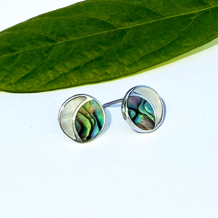 Crescent moon sterling silver studs with abalone and pearl