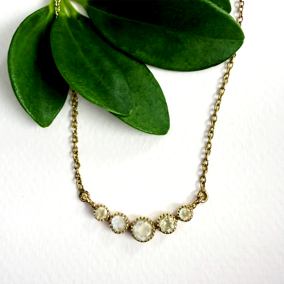 Brass necklace with 5 moonstones and delicate chain