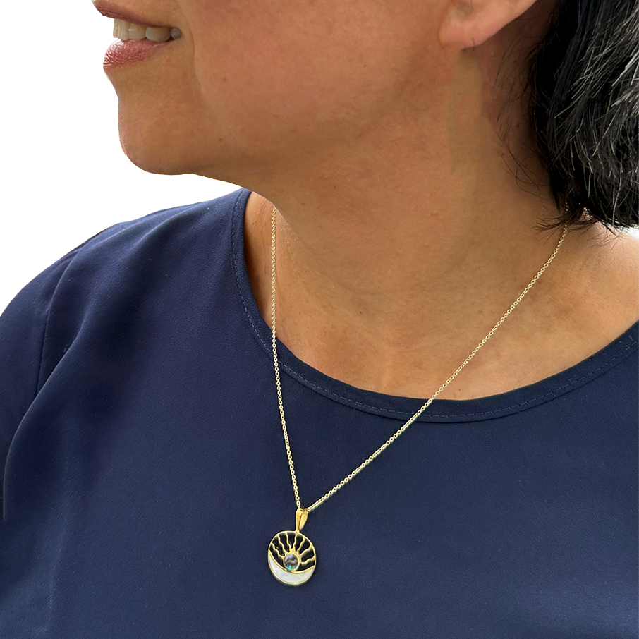 Brass round pendant with sun moon design and pearl and abalone