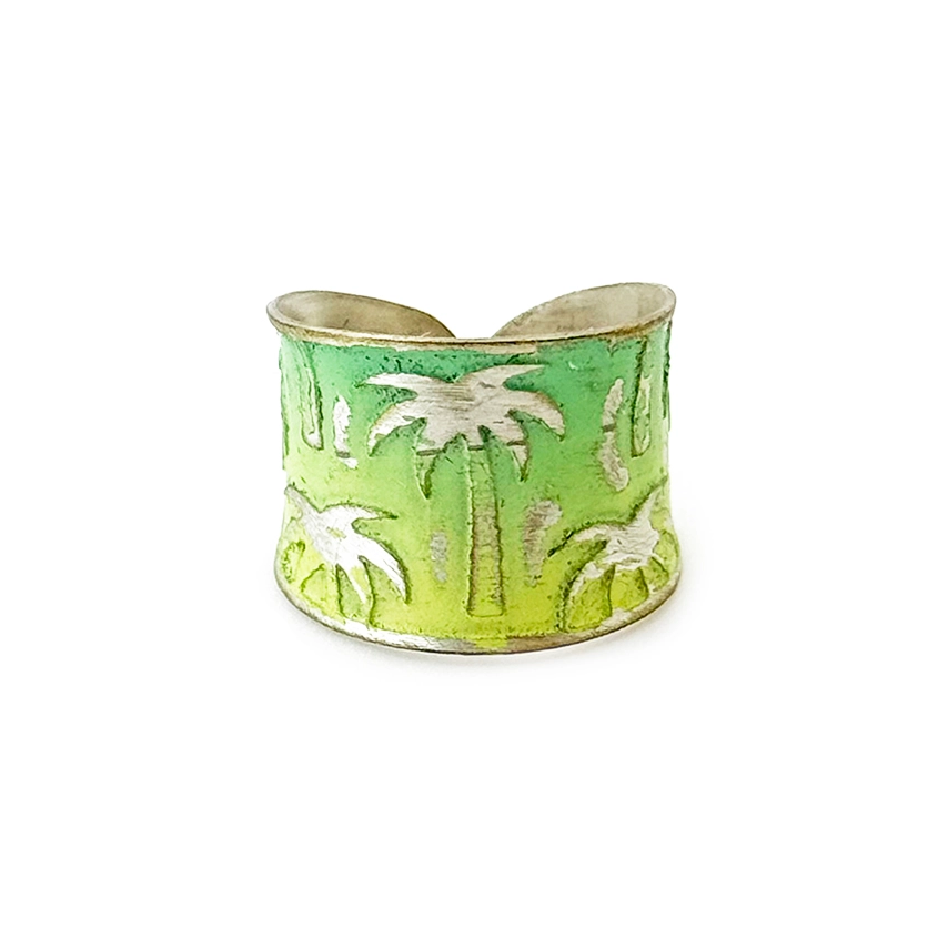 Silver-plated wide adjustable ring with green and yellow palm tree design