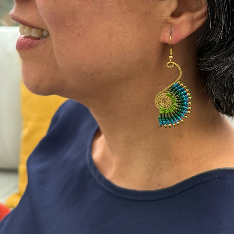 Blue, green and brass macrame peacock large earrings.