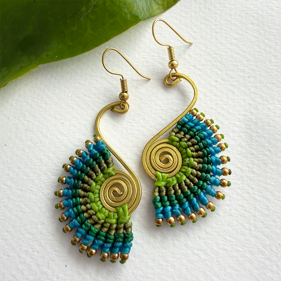 Blue, green and brass macrame peacock large earrings.