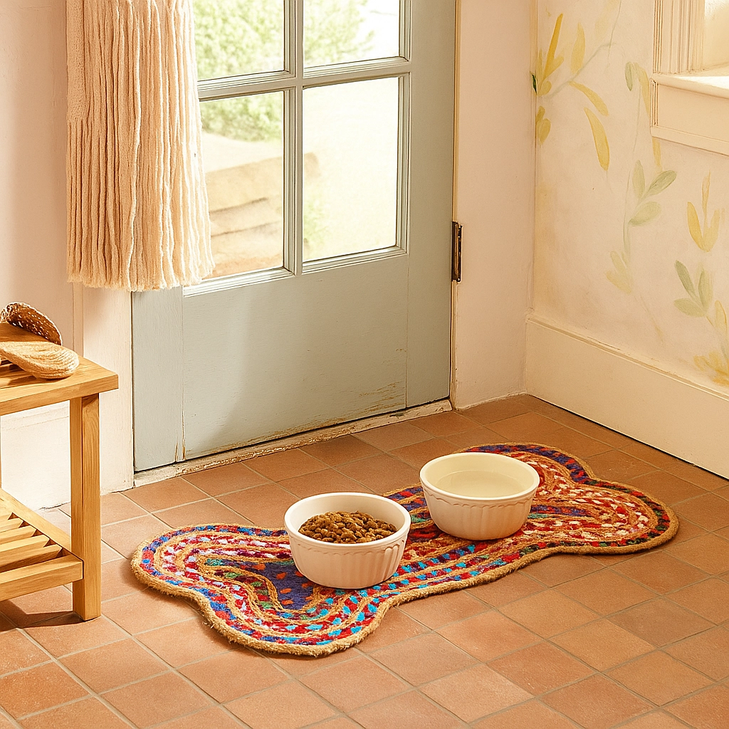 Handwoven recycled rug for dog feeding in bone shape and multicolored.