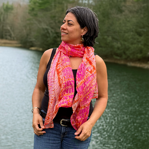 Pink and orange shibori silk scarf