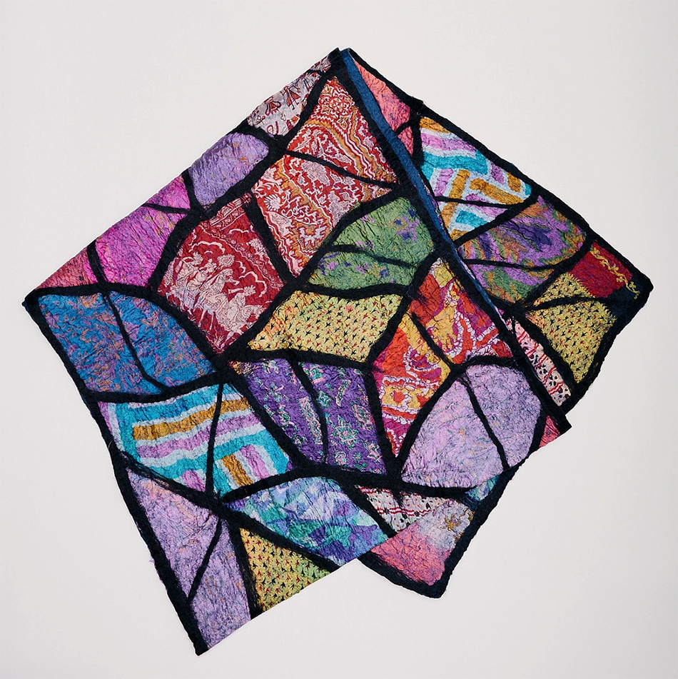 Felted silk scarf with multi-colored mosaic pattern