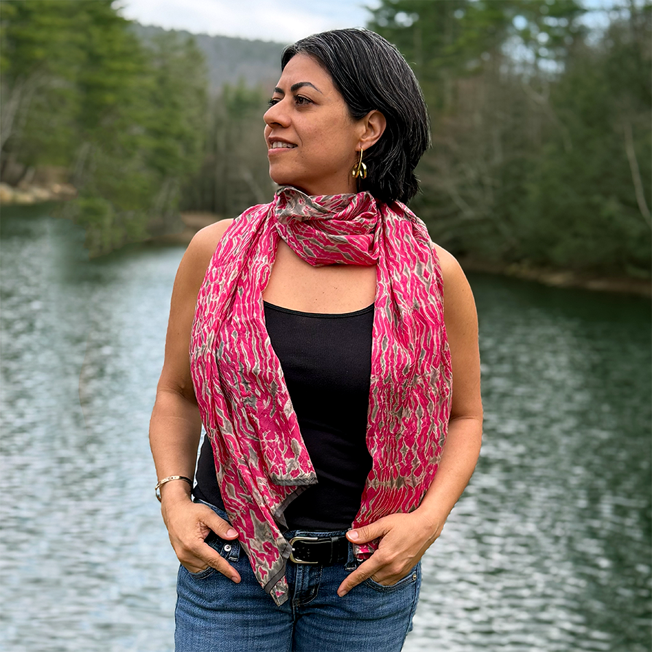 Crimson and gray shibori silk scarf