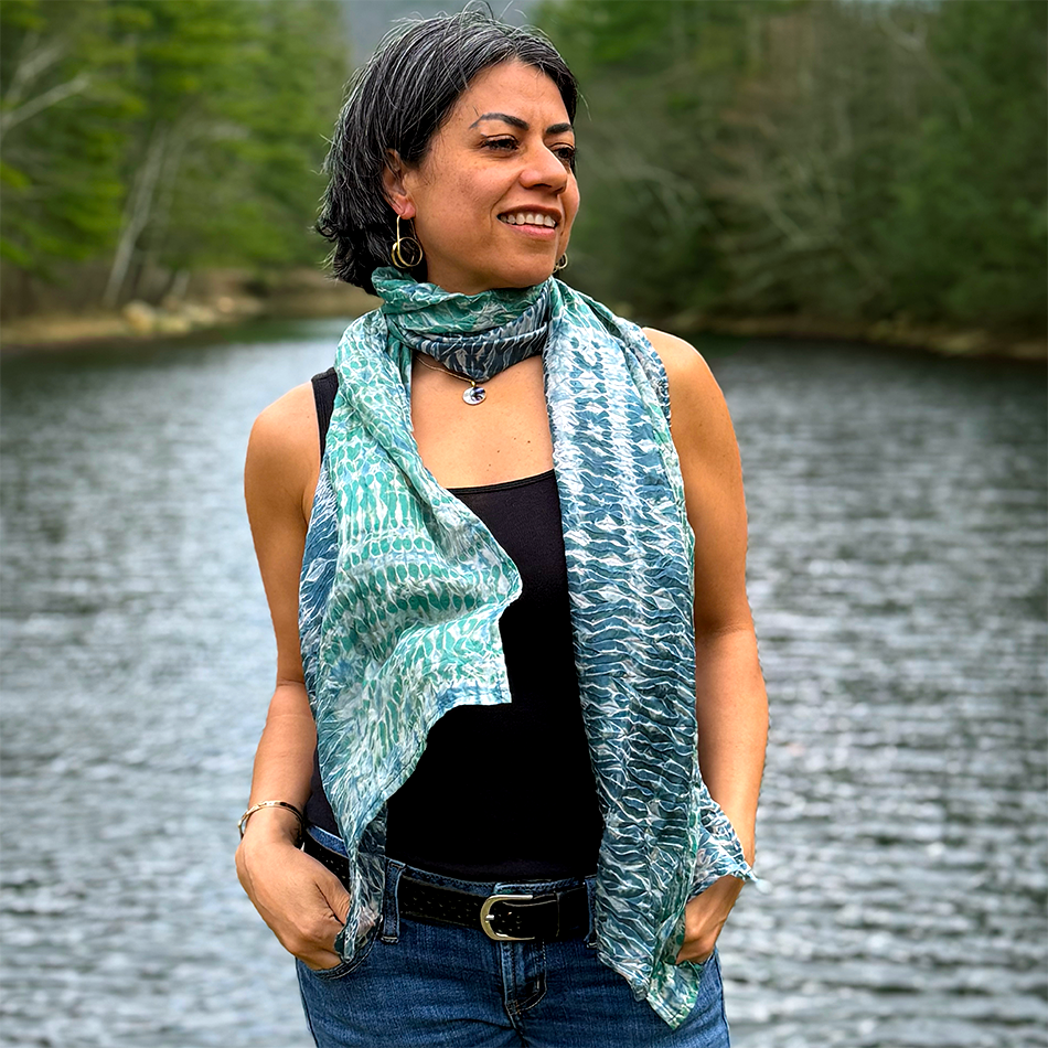 Silk scarf with green and gray shibori design