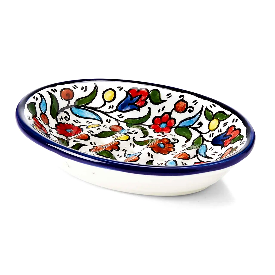 Ceramic soap dish hand-painted with colorful flowers
