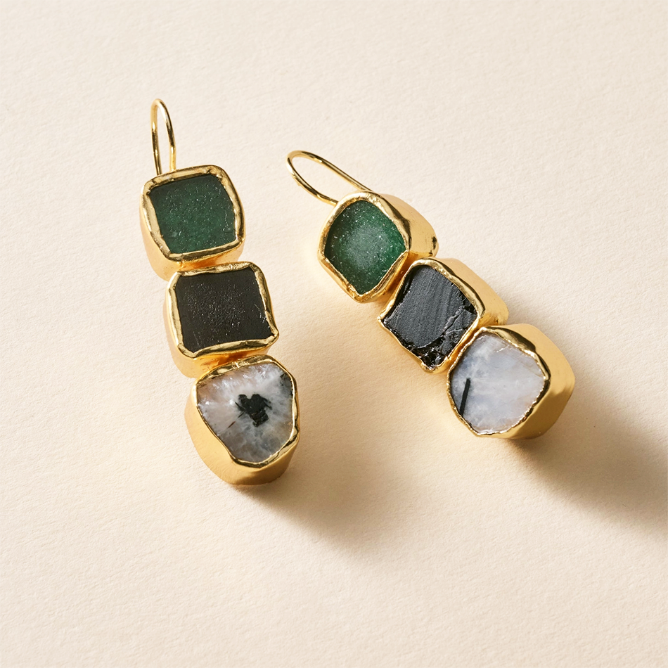Large dangle earrings with 3 colored stones on gold.