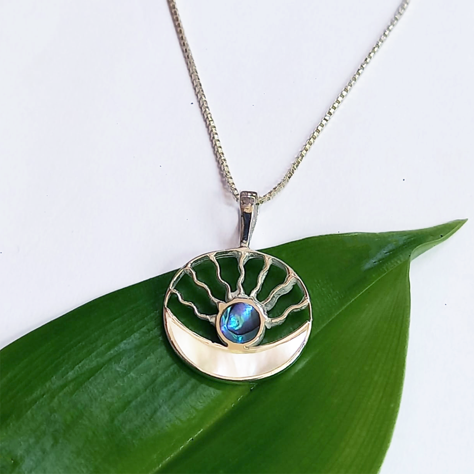 Sterling silver abalone mother of pearl sun moon neckalce